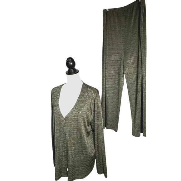 CHICOS 3 Women XL 2 Piece Pantsuit Set Olive Green Textured Squares Jacket Pants - Picture 4 of 12